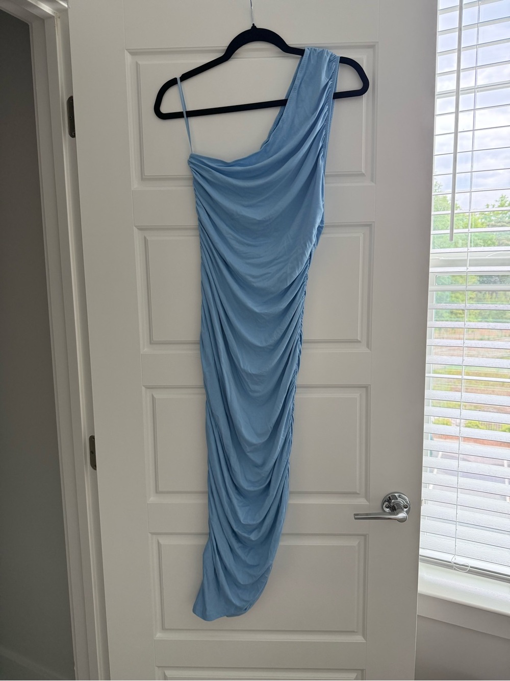 Light Blue One-Shoulder Ruched Maxi Dress - Picture 2 of 4